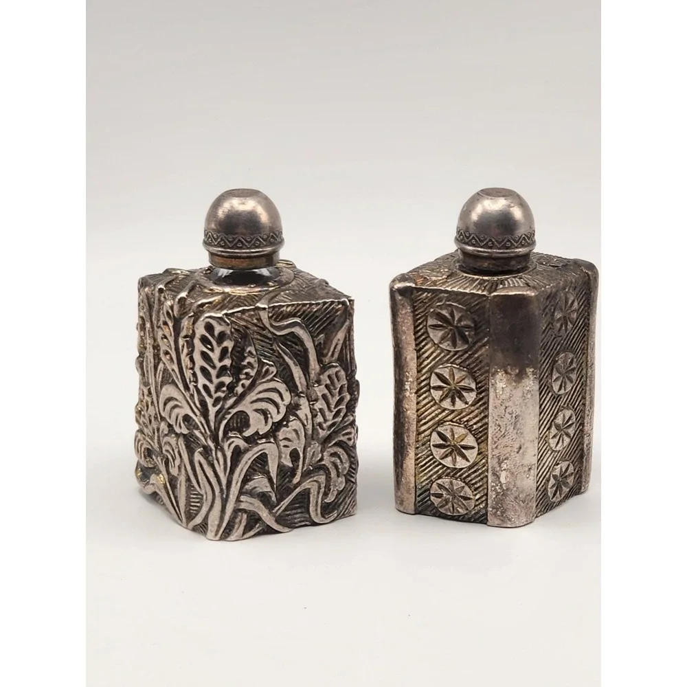 Vintage Silver Tone Repousse Floral Metal‎ Perfume Bottles Set of 2 Botanical - Picture 5 of 7